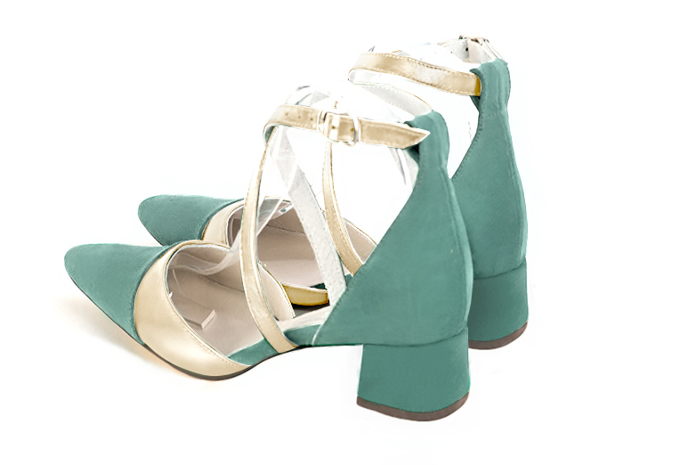 Mint green and gold women's open side shoes, with crossed straps. Tapered toe. Low flare heels. Rear view - Florence KOOIJMAN